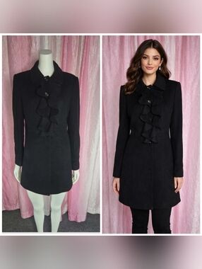 Jonathan Michael Vintage Black Ruffle Lambswool Mob Boss Dress Coat Size 8